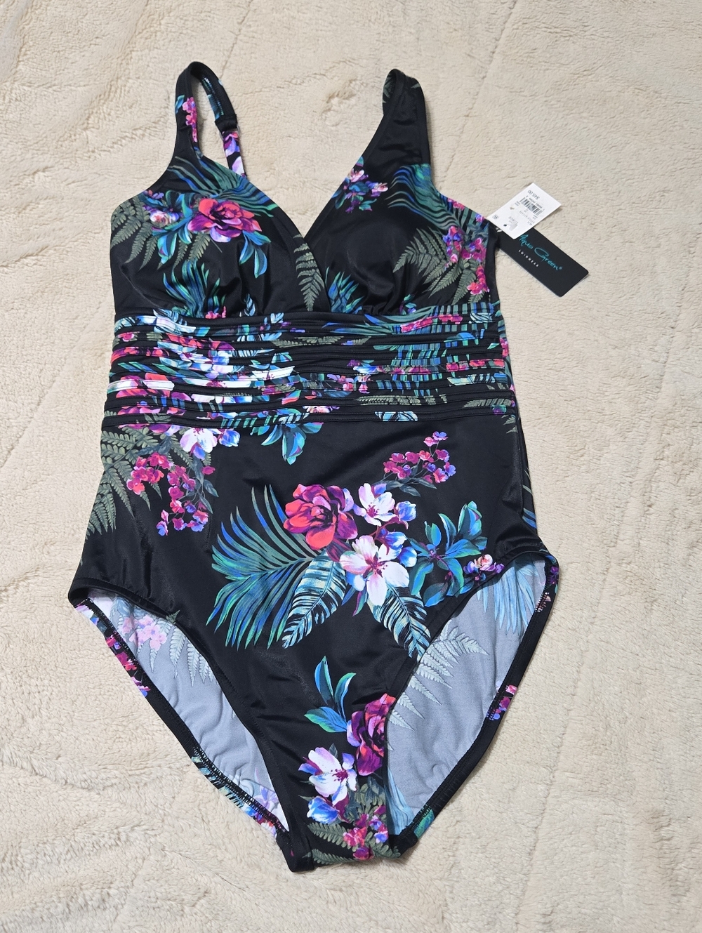 NEW Aqua Green Tropical Floral Waist Detail Womens One Piece Swimsuit L